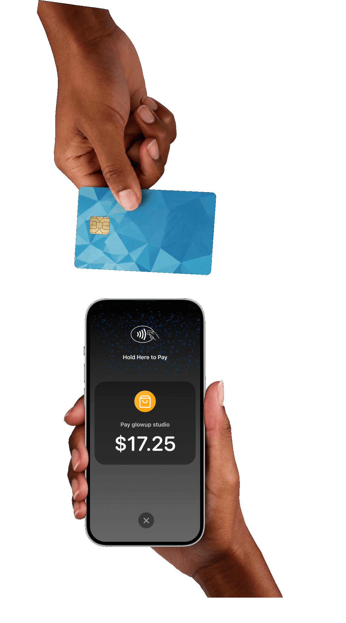 Hand holding a phone showing a tap to pay screen